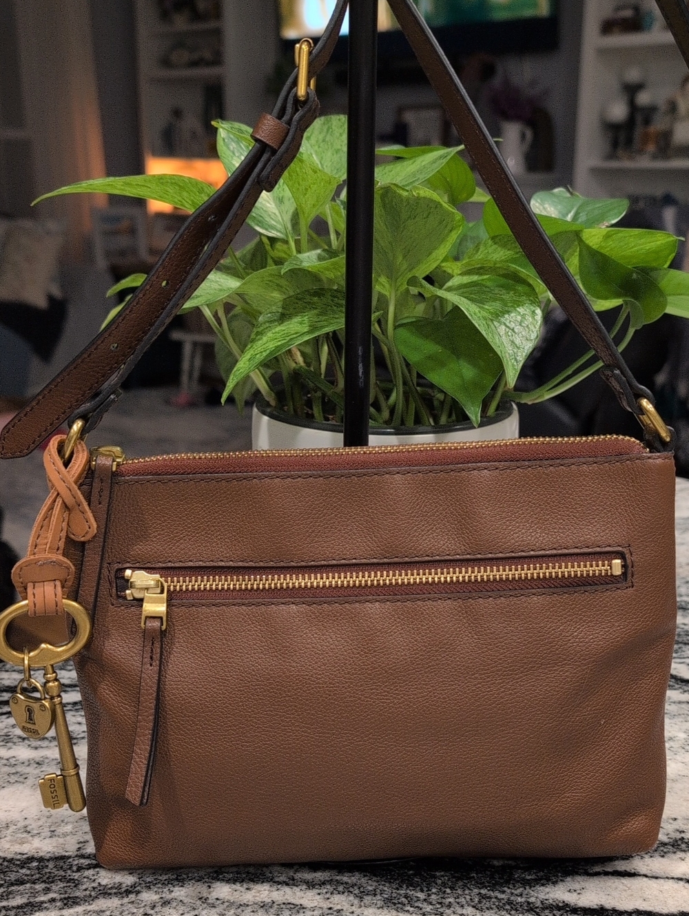 Fossil Brown Leather Shoulder Bag with Gold Hardware